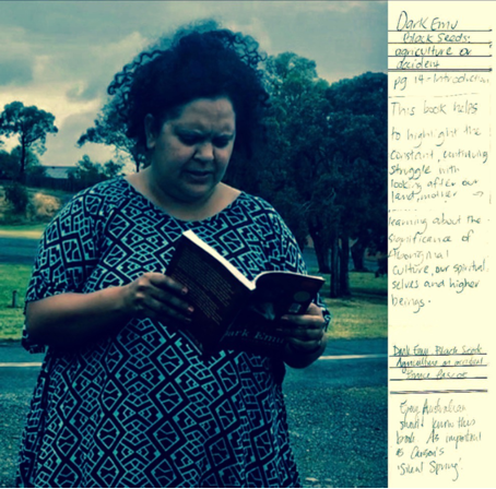 Image of a participant sharing a reading from Black Emu, the book she carried on the Walking Library for Women Walking walk in Geelong (Australia),&nbsp;16 November 2017