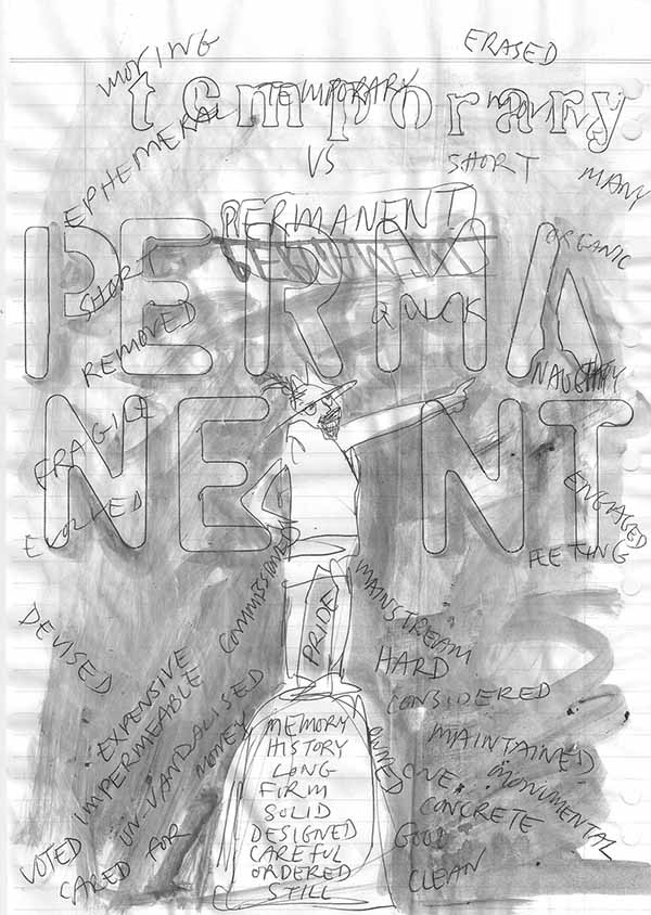 Drawing of a statue and words.