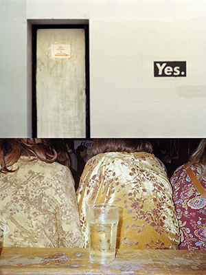 Image collage of a black and white photo of a show window corner with a cactus and a colour photo of a man sleeping on a couch with a cactus in the background