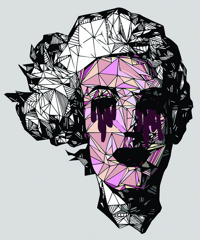 Pink geometric portrait of crying woman with white hair.